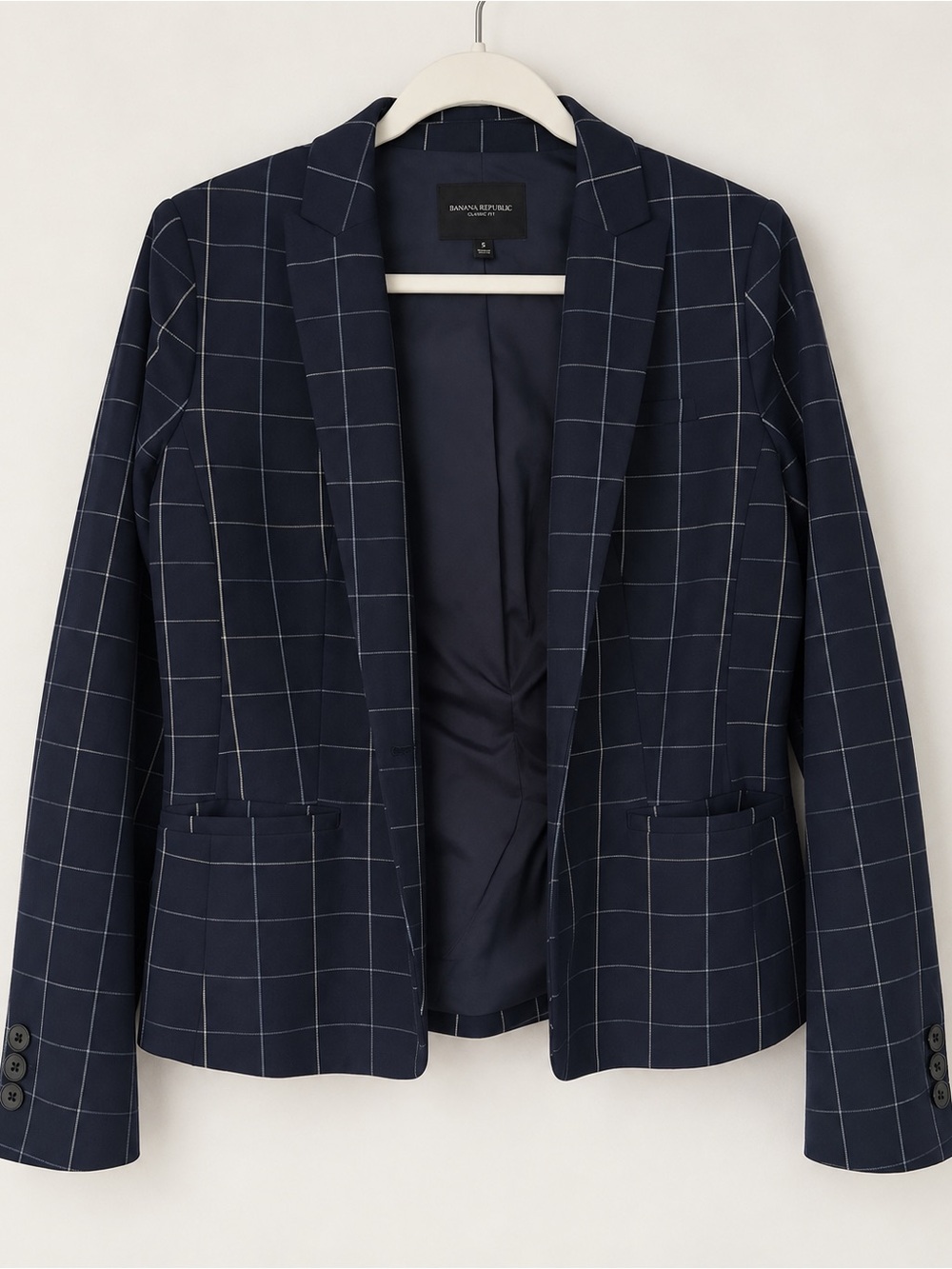Banana Republic Navy Windowpane Single-Button Blazer